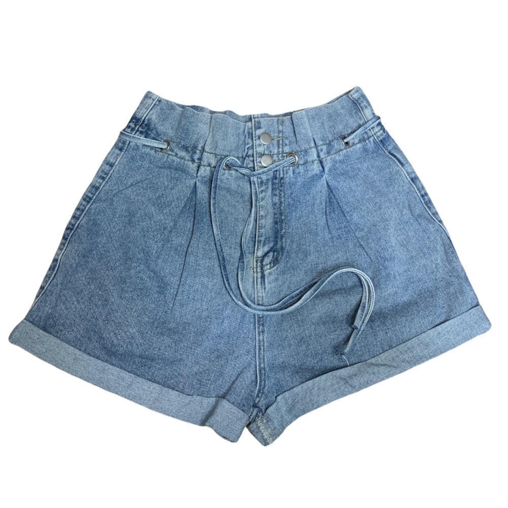 Le Lis Paperbag Pleated Shorts High Rise Light Wash Blue Denim